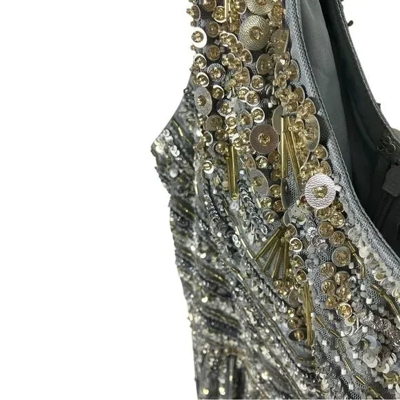 Mac Duggal Dress 16 Silver One Shoulder‎ Embellished Sequin Beaded Maxi Gown NWT - Picture 3 of 15